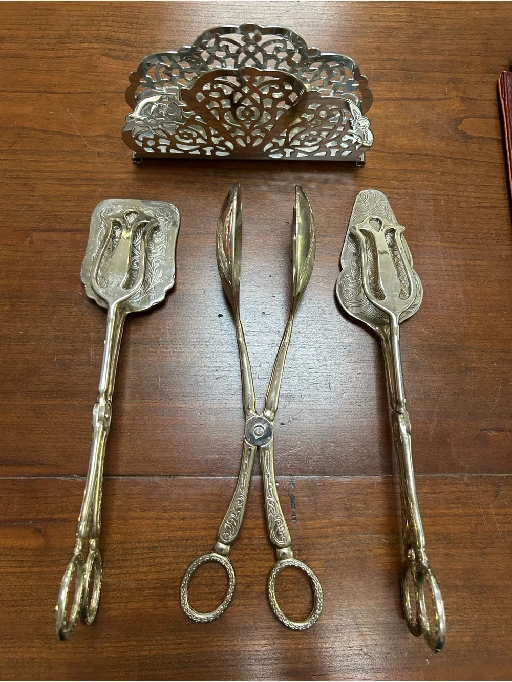 3 piece Silver-Plated Ornate Serving Tongs, salad spoon and pie/cake Server Set
